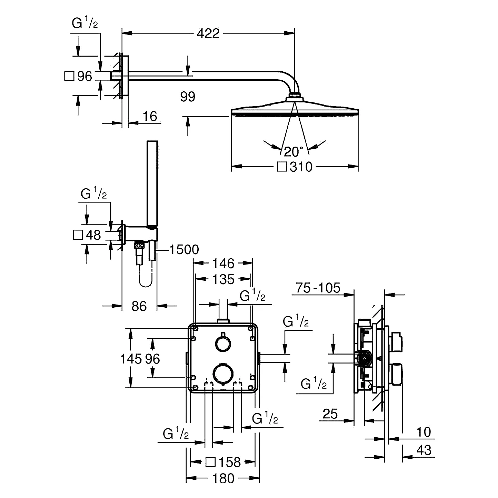 Grohe Precision Siyah 31 Cm Kare Ankastre Duş Sistemi 2
