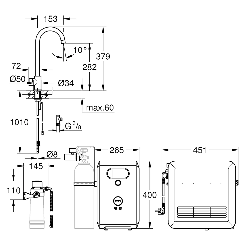 Grohe Blue Pro Mono Çelik C Gaga Başlangıç Seti 2