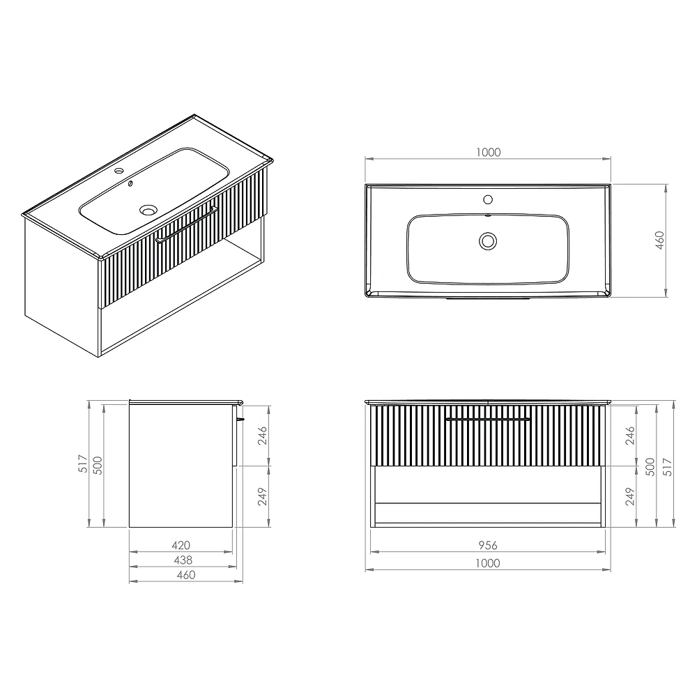 Creavit E10 100 Cm Beyaz Çekmeceli Cam Tezgah Lavabo Dolabı 2