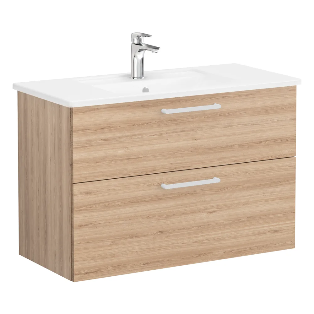 Vitra Root Flat 100 Cm Doğal Meşe İki Çekmeceli Köşeli Lavabolu Lavabo Dolabı