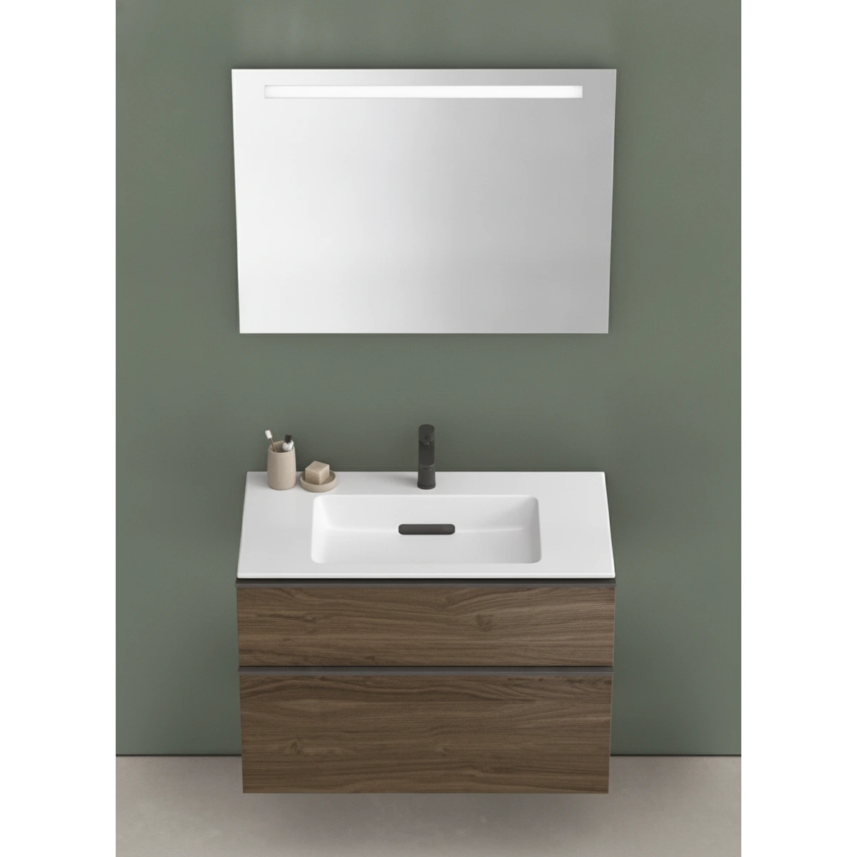 Geberit ONE CleanDrain 75 cm Etajerli Lavabo, iCon Amerikan Ceviz Dolap ve Option Ayna Seti 2