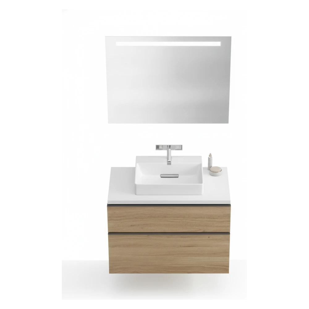Geberit ONE 50 cm Çanak Lavabo, Meşe Tezgah, iCon Meşe Dolap ve Option Ayna Seti