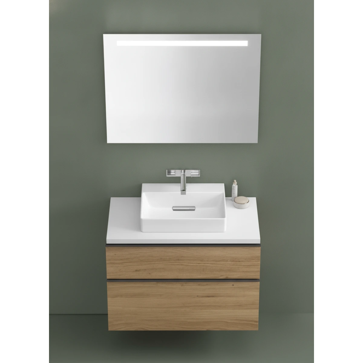 Geberit ONE 50 cm Çanak Lavabo, Meşe Tezgah, iCon Meşe Dolap ve Option Ayna Seti 2