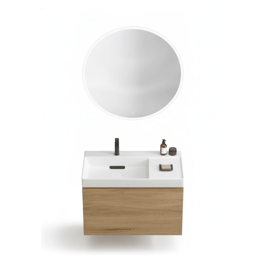 Geberit ONE CleanDrain 90 cm Sağ Etajerli Lavabo, ONE Meşe Dolap ve Option Yuvarlak Ayna Seti