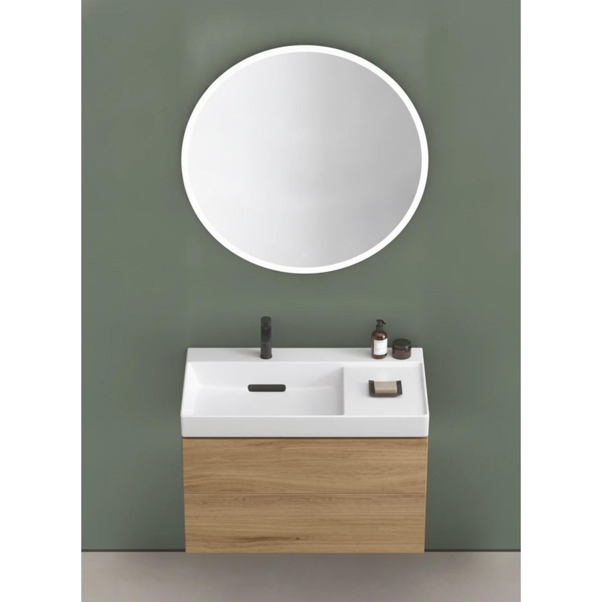 Geberit ONE CleanDrain 90 cm Sağ Etajerli Lavabo, ONE Meşe Dolap ve Option Yuvarlak Ayna Seti 2