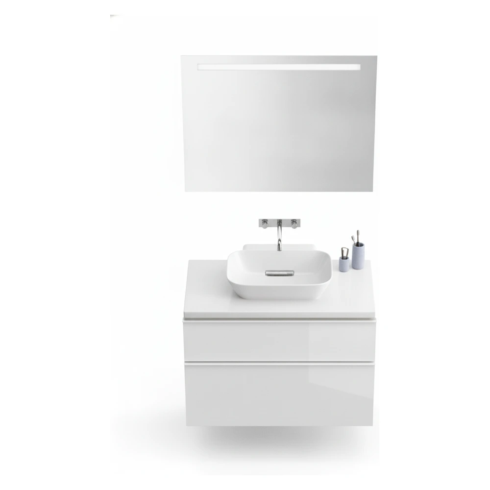 Geberit ONE 50 cm Kabuk Çanak Lavabo, Meşe Tezgah, iCon Beyaz Dolap ve Option Ayna Seti