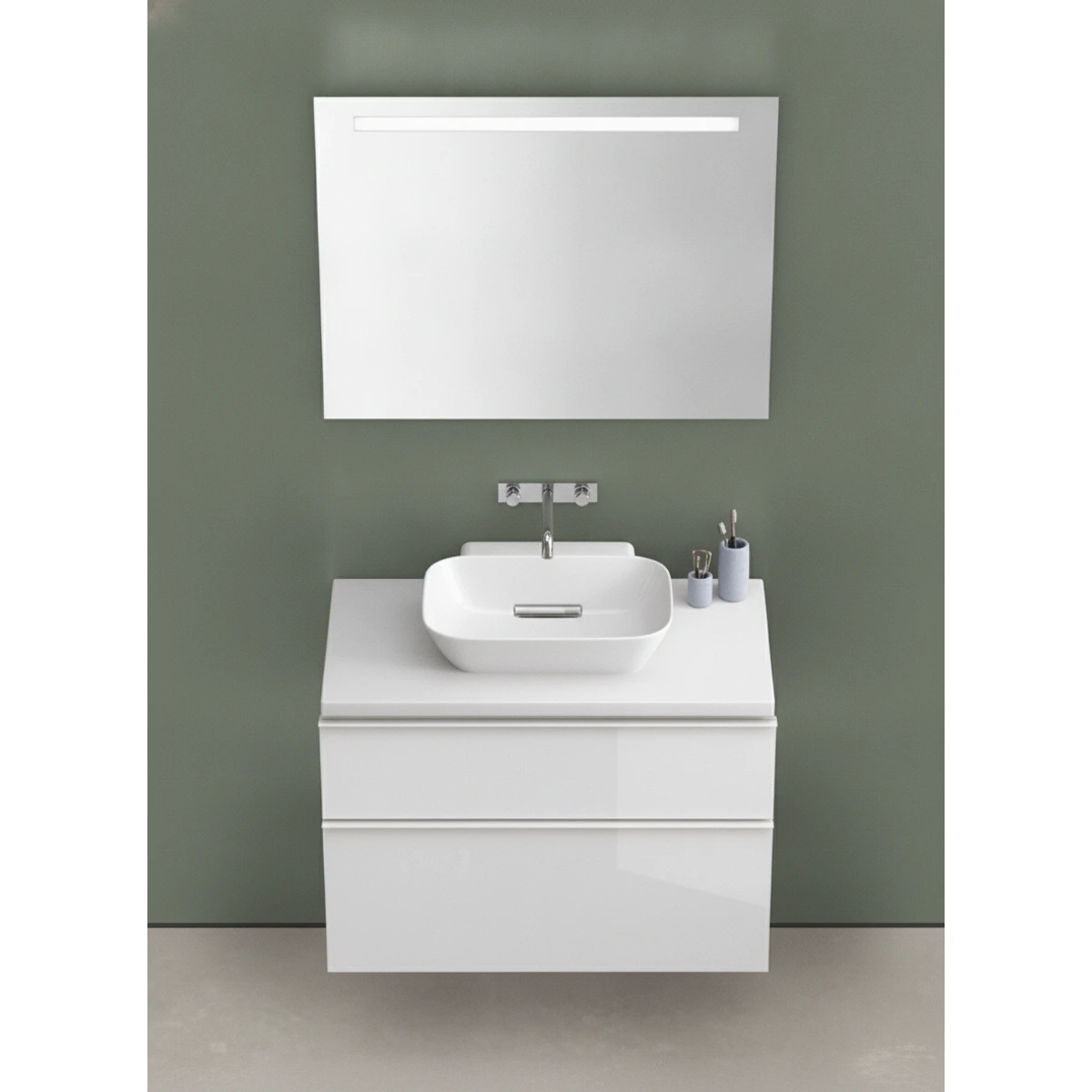 Geberit ONE 50 cm Kabuk Çanak Lavabo, Meşe Tezgah, iCon Beyaz Dolap ve Option Ayna Seti 2