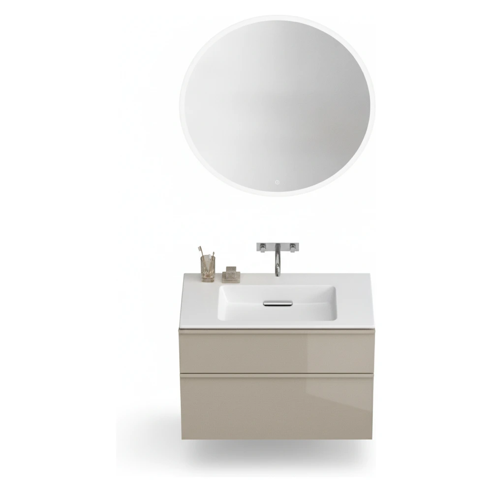 Geberit ONE CleanDrain 75 cm Etajerli Lavabo, iCon Kum Grisi Dolap ve Option Yuvarlak Ayna Seti