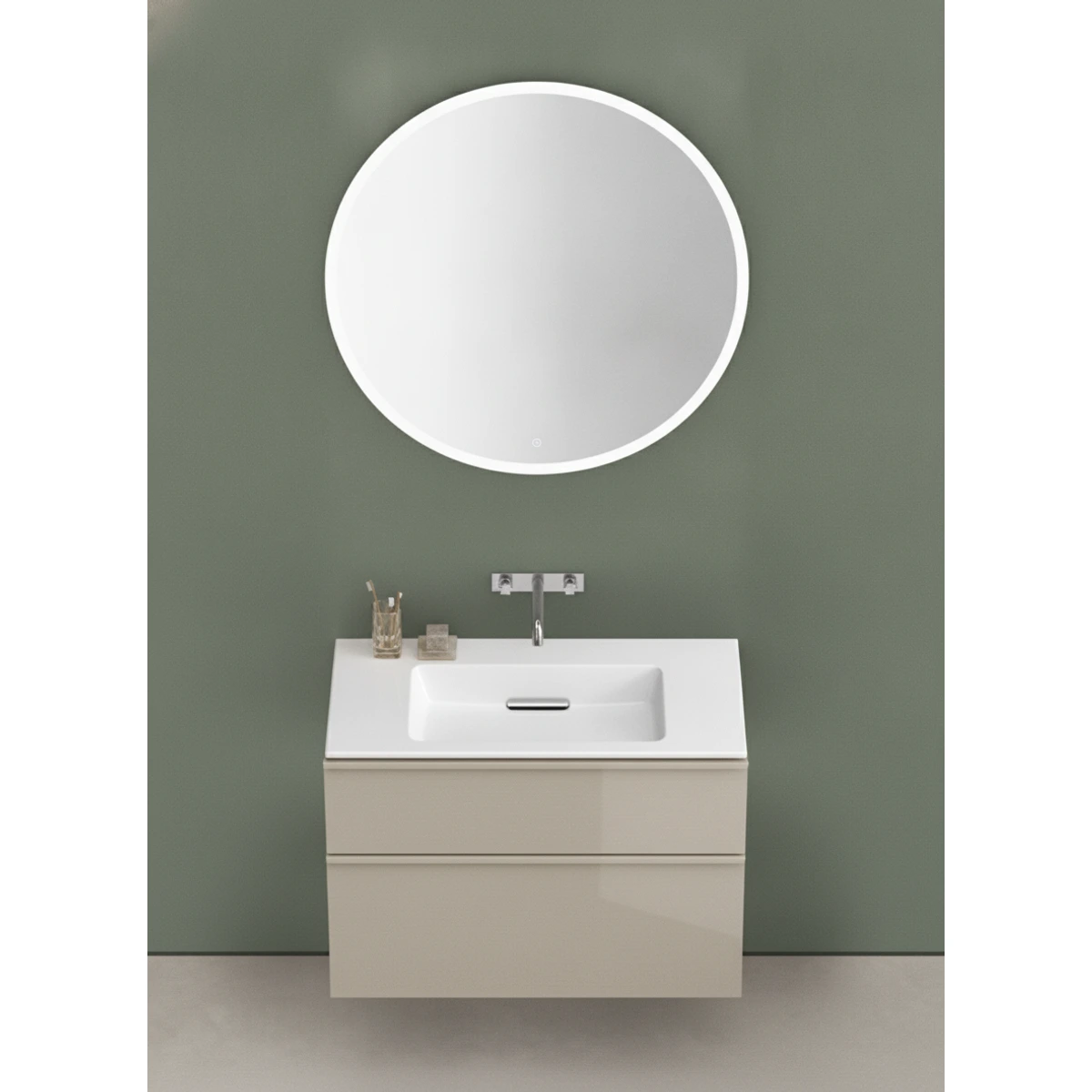 Geberit ONE CleanDrain 75 cm Etajerli Lavabo, iCon Kum Grisi Dolap ve Option Yuvarlak Ayna Seti 2