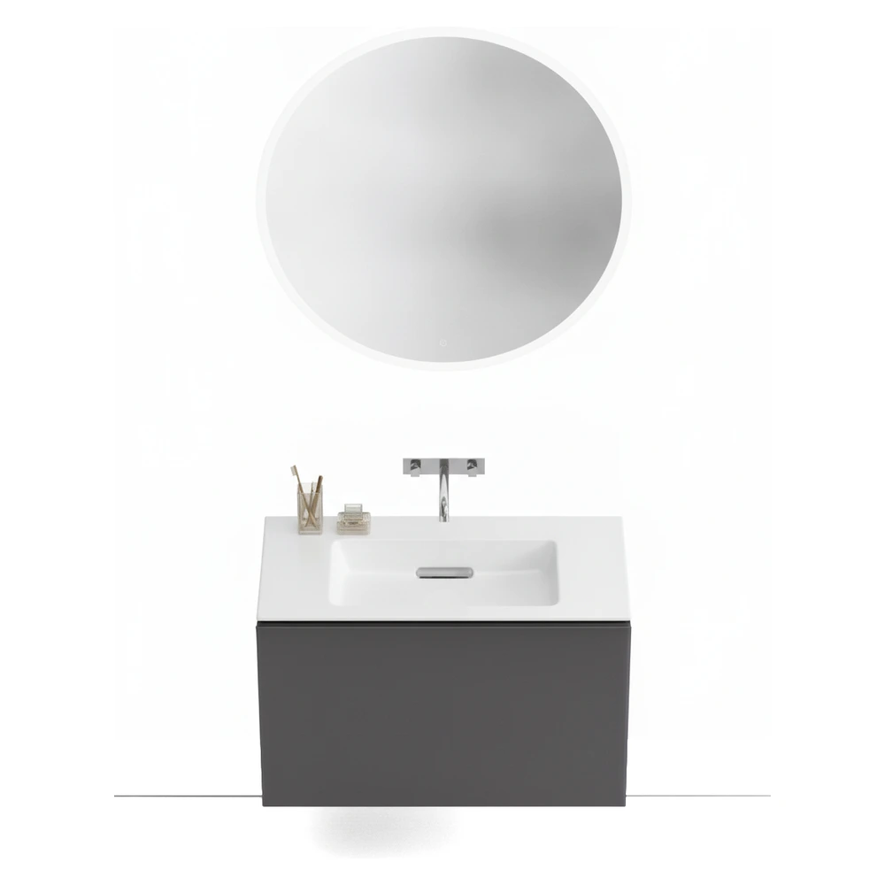 Geberit ONE CleanDrain 120 cm Etajerli Lavabo, Acanto Antrasit Cam Dolap ve Option Yuvarlak Ayna Seti