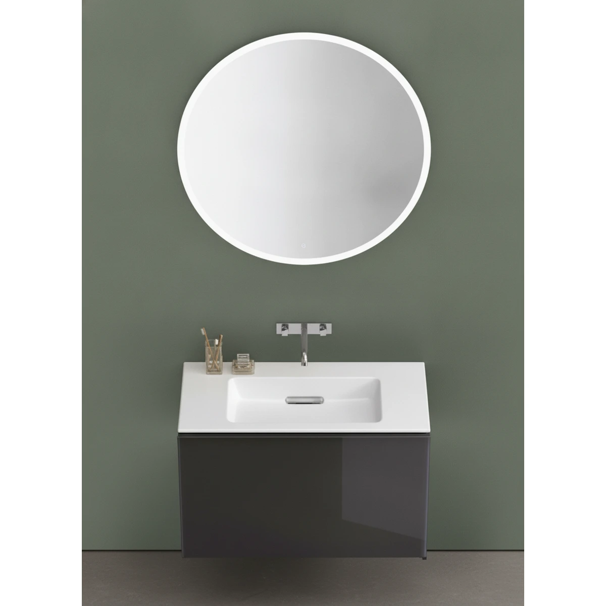 Geberit ONE CleanDrain 120 cm Etajerli Lavabo, Acanto Antrasit Cam Dolap ve Option Yuvarlak Ayna Seti 2