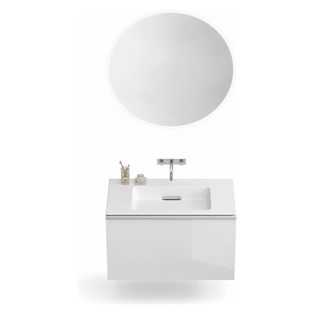 Geberit ONE CleanDrain 120 cm Etajerli Lavabo, Acanto Beyaz Cam Dolap ve Option Yuvarlak Ayna Seti