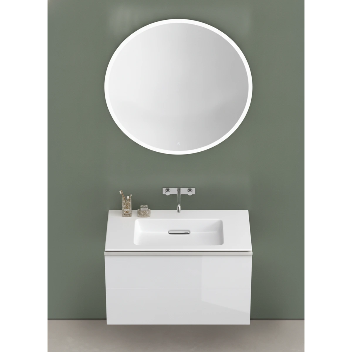 Geberit ONE CleanDrain 120 cm Etajerli Lavabo, Acanto Beyaz Cam Dolap ve Option Yuvarlak Ayna Seti 2