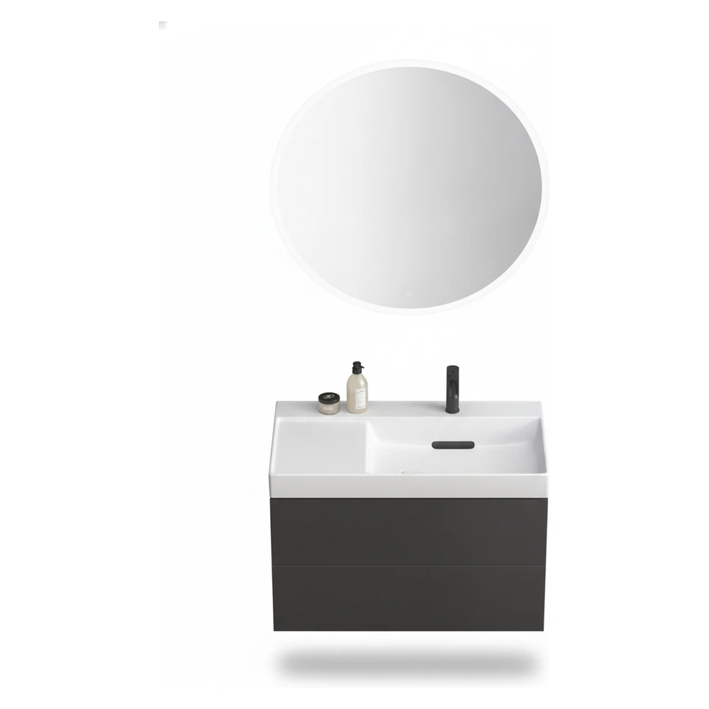 Geberit ONE CleanDrain 90 cm Sol Etajerli Lavabo, ONE Mat Siyah Dolap ve Option Yuvarlak Ayna Seti