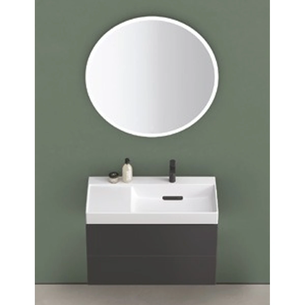 Geberit ONE CleanDrain 90 cm Sol Etajerli Lavabo, ONE Mat Siyah Dolap ve Option Yuvarlak Ayna Seti 2