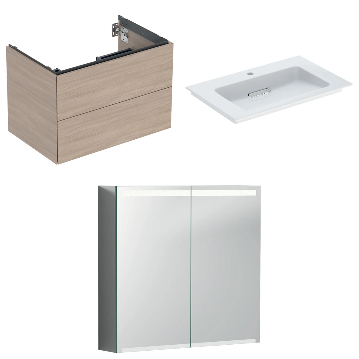 Geberit ONE 75 cm Meşe Çekmeceli Ayna Dolaplı Banyo Dolabı Seti