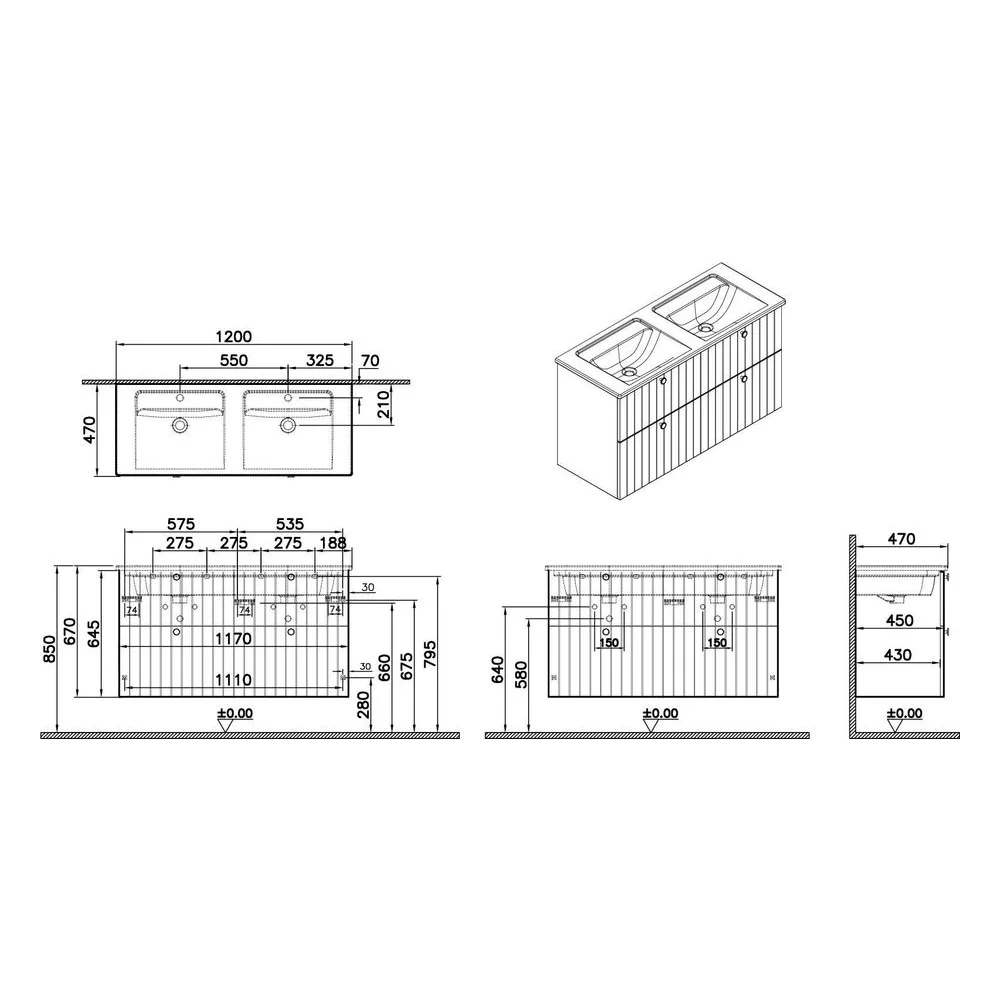 Vitra Root Groove 120 Cm Mat Beyaz Dört Çekmeceli Köşeli Lavabolu Lavabo Dolabı 2