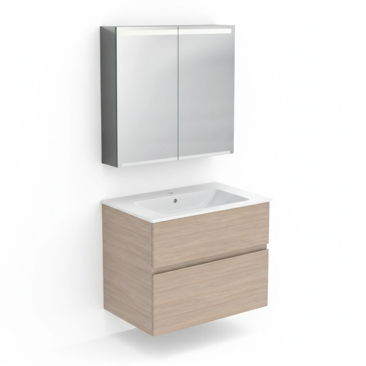 Geberit Aniara 75 cm Meşe Çekmeceli Ayna Dolaplı Banyo Dolabı Seti