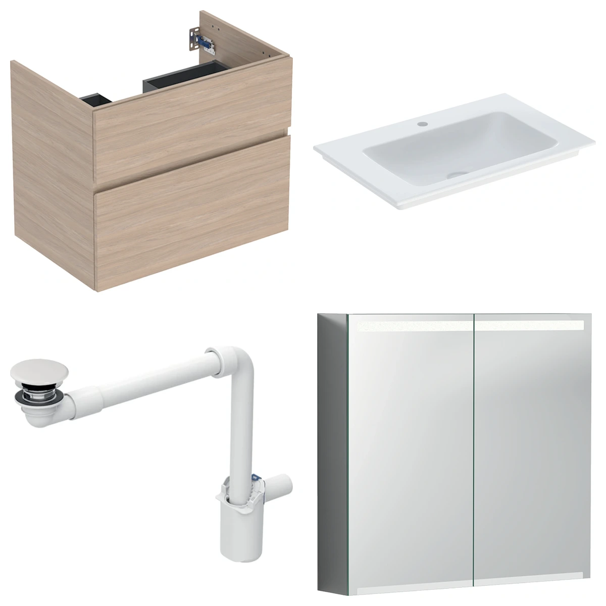 Geberit Aniara 75 cm Meşe Çekmeceli Ayna Dolaplı Banyo Dolabı Seti