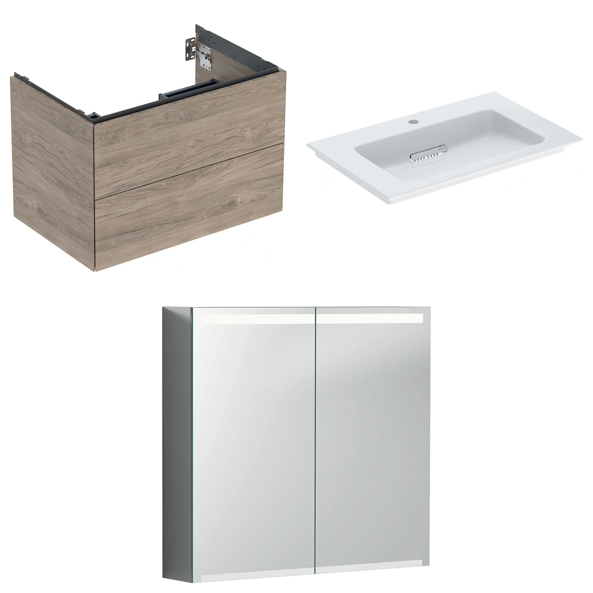Geberit ONE 75 cm Amerikan Ceviz Çekmeceli Ayna Dolaplı Banyo Dolabı Seti