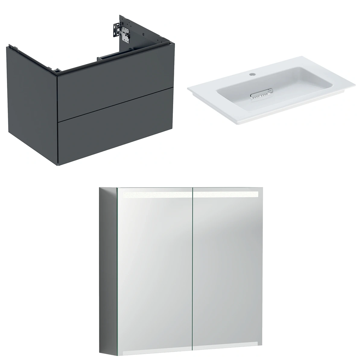 Geberit ONE 75 cm Mat Siyah Çekmeceli Ayna Dolaplı Banyo Dolabı Seti