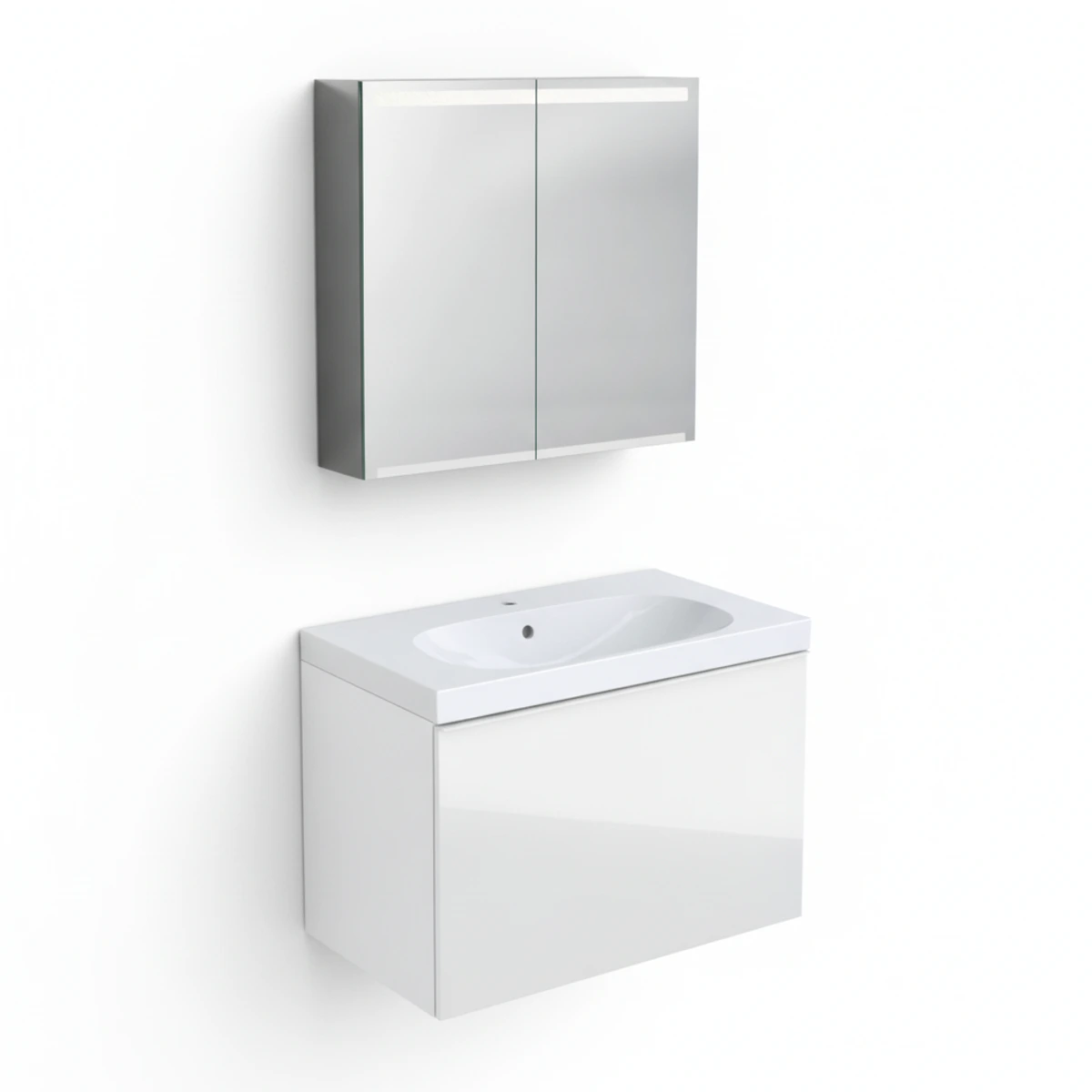 Geberit Acanto 75 cm Beyaz Cam Gizli Çekmeceli Ayna Dolaplı Banyo Dolabı Seti