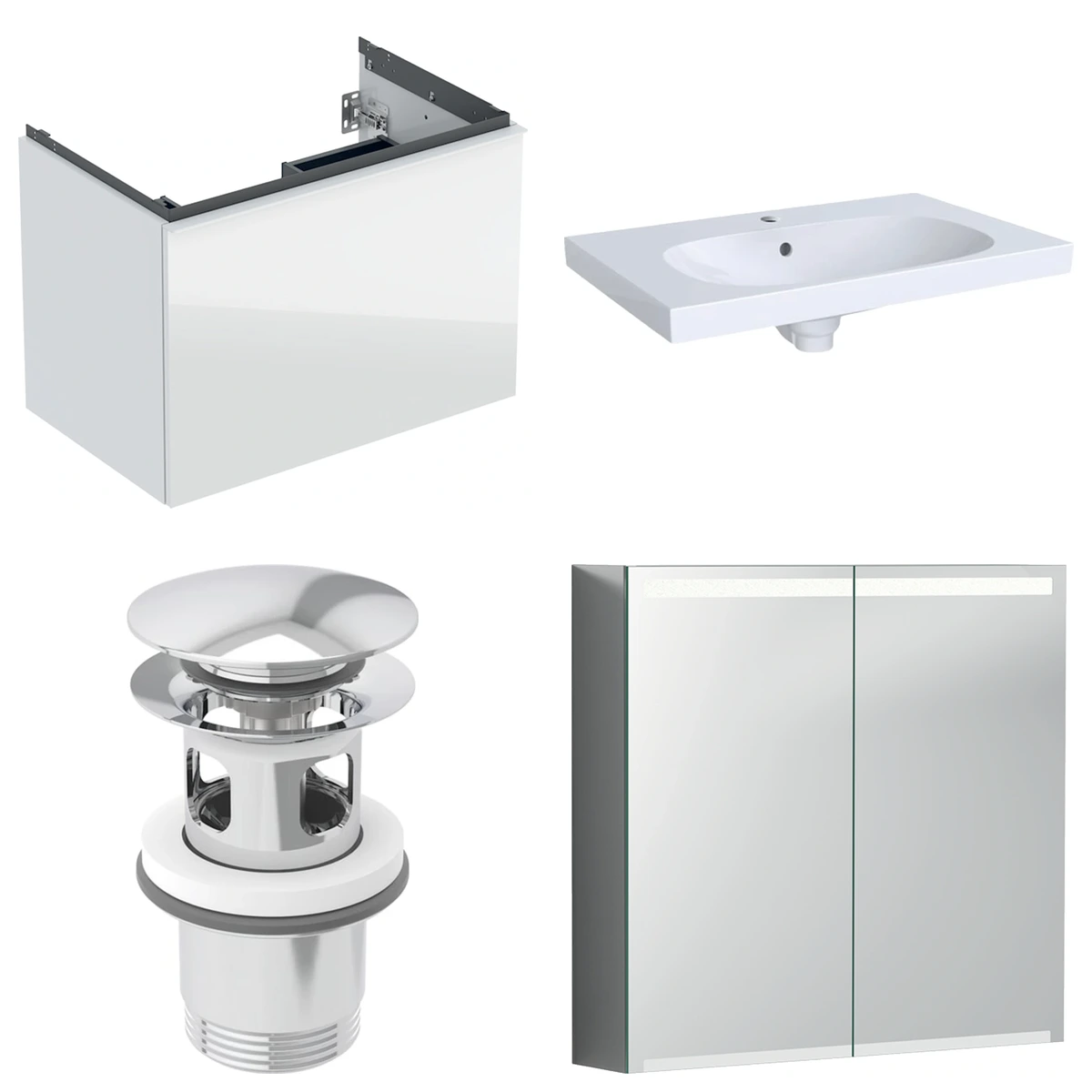 Geberit Acanto 75 cm Beyaz Cam Gizli Çekmeceli Ayna Dolaplı Banyo Dolabı Seti
