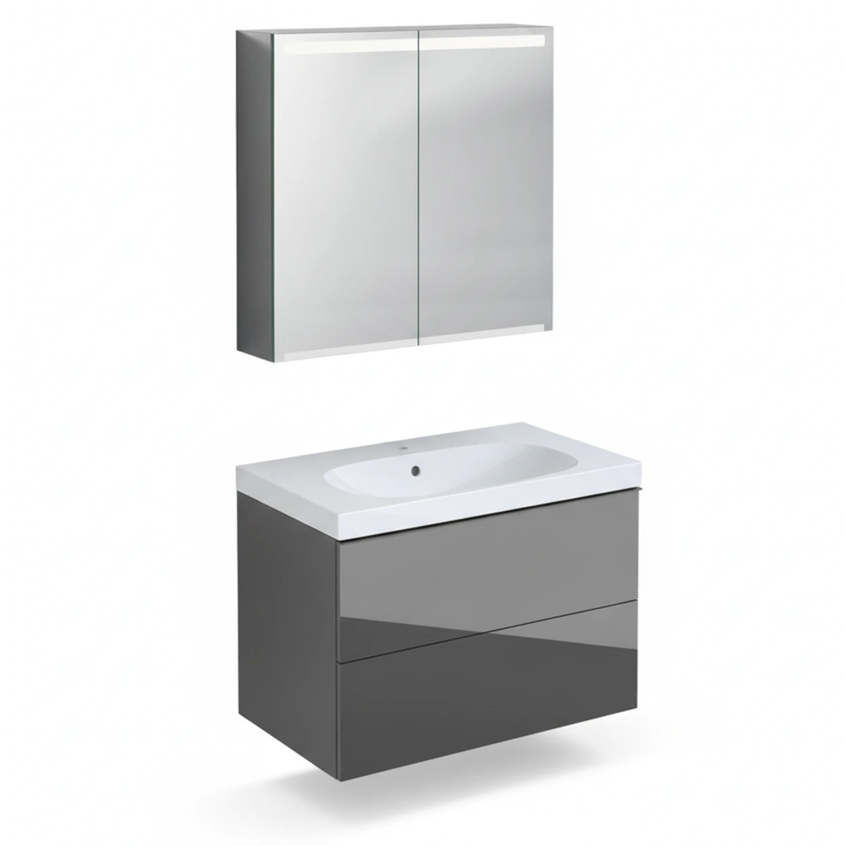 Geberit Acanto 75 cm Antrasit Cam Gizli Çekmeceli Ayna Dolaplı Banyo Dolabı Seti