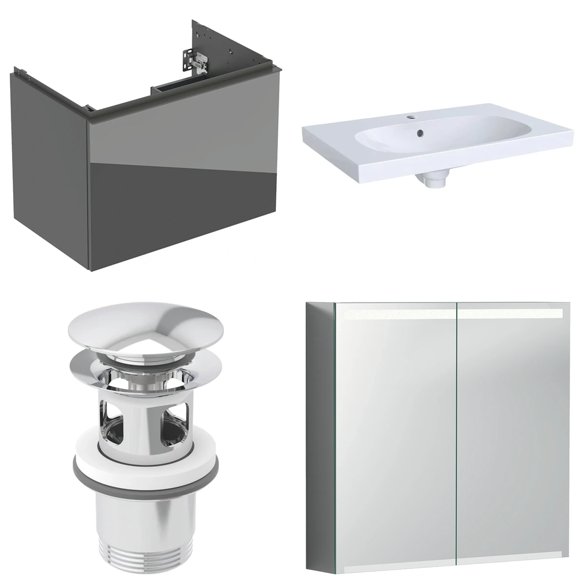 Geberit Acanto 75 cm Antrasit Cam Gizli Çekmeceli Ayna Dolaplı Banyo Dolabı Seti