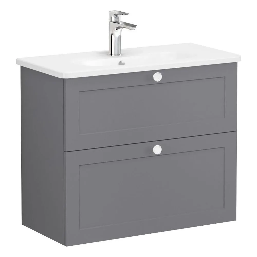 Vitra Root Classic 80 Cm Mat Gri İki Çekmeceli Dar Yuvarlak Lavabolu Lavabo Dolabı