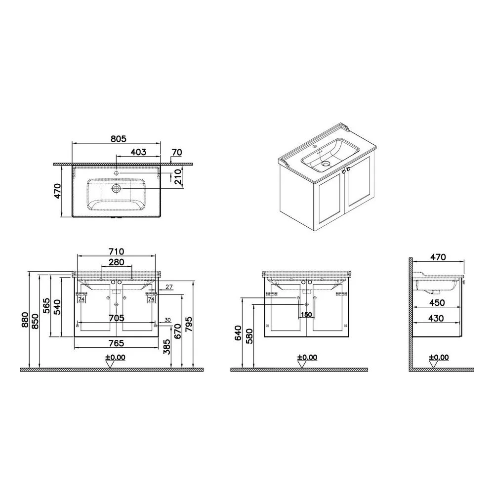 Vitra Root Classic 80 Cm Mat Fiyord Yeşili İki Kapaklı Klasik Lavabolu Lavabo Dolabı 2