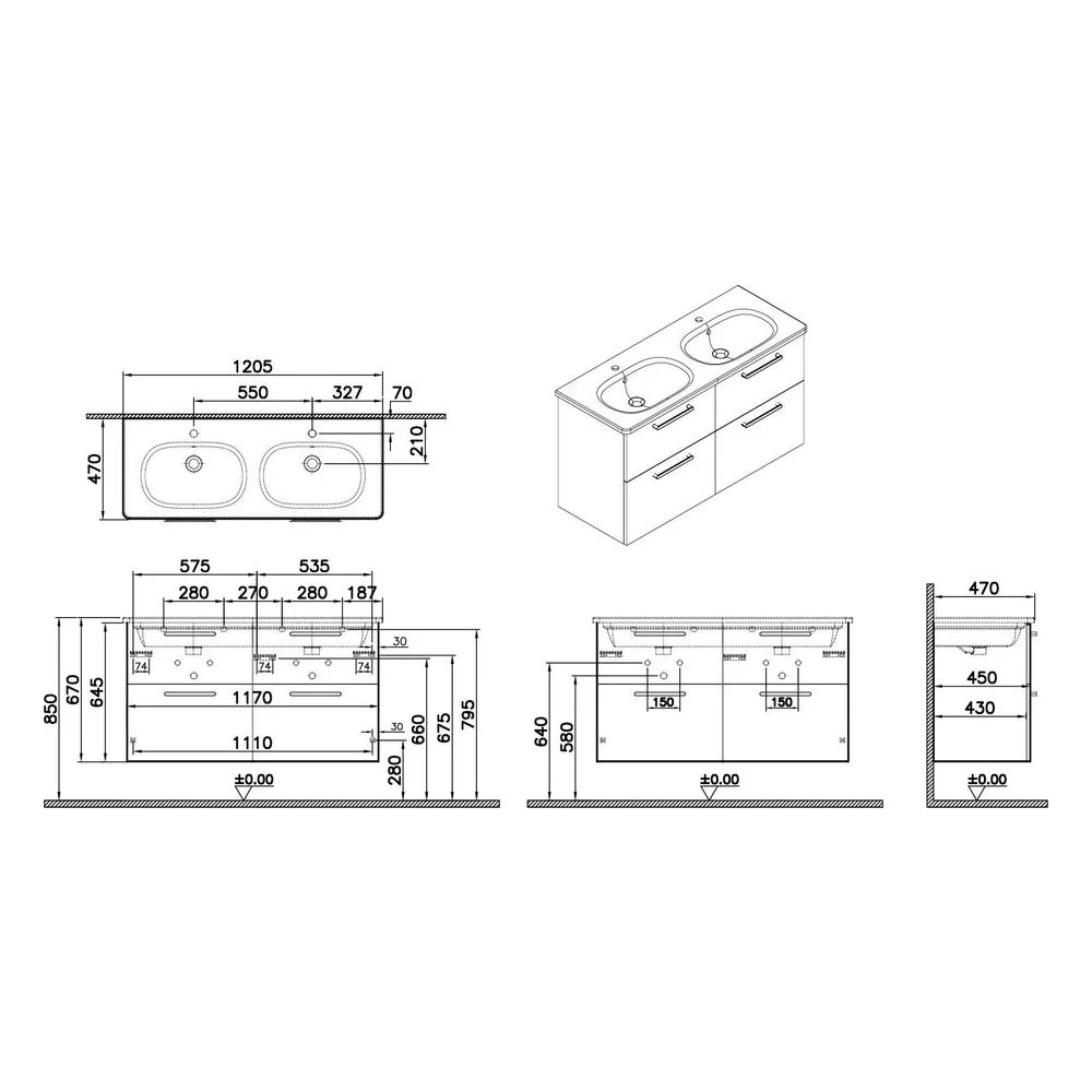 Vitra Root Flat 120 Cm Doğal Meşe 4 Çekmeceli Lavabo Dolabı 2