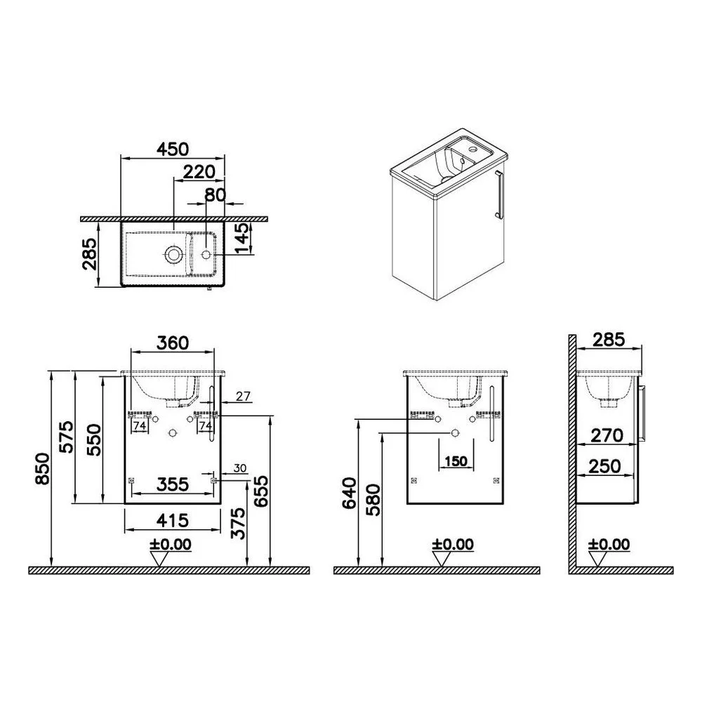 Vitra Root Flat 45 Cm Antrasit Dar Kapaklı Sol Lavabo Dolabı 2