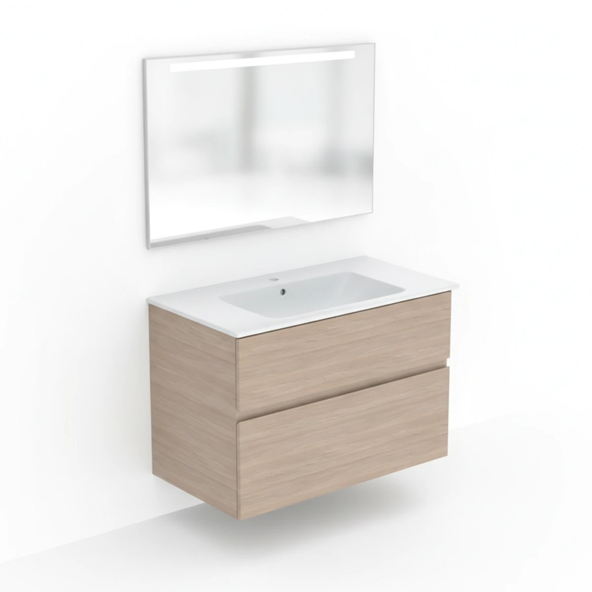 Geberit Aniara 90 cm Meşe Çift Çekmeceli Aynalı Banyo Dolabı Seti