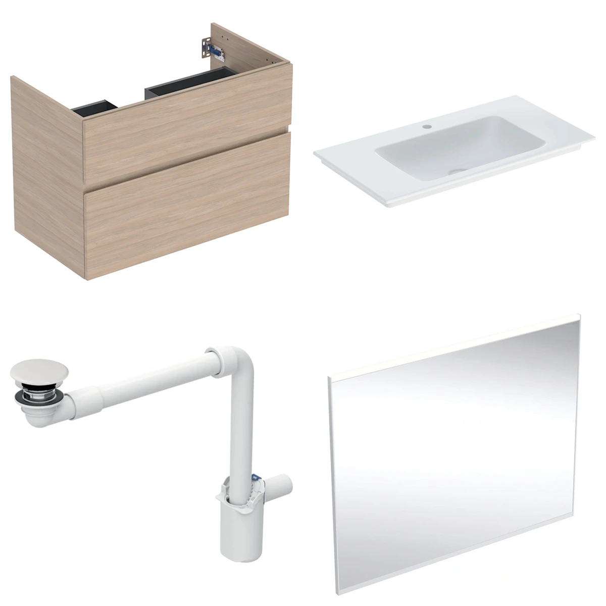 Geberit Aniara 90 cm Meşe Çift Çekmeceli Aynalı Banyo Dolabı Seti 2