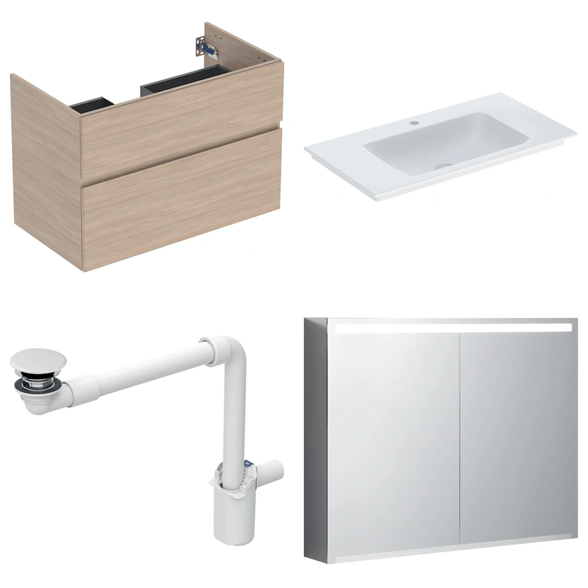 Geberit Aniara 90 cm Meşe Çift Çekmeceli Ayna Dolaplı Banyo Dolabı Seti 2