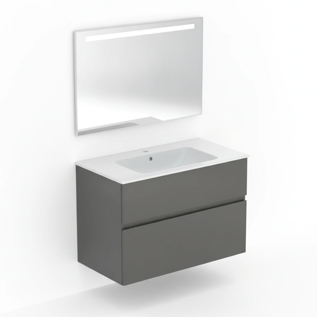 Geberit Aniara 90 cm Mat Antrasit Çift Çekmeceli Aynalı Banyo Dolabı Seti