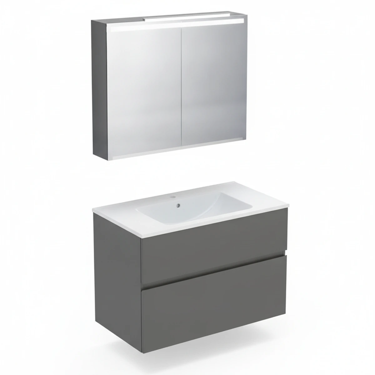 Geberit Aniara 90 cm Mat Antrasit Çift Çekmeceli Ayna Dolaplı Banyo Dolabı Seti