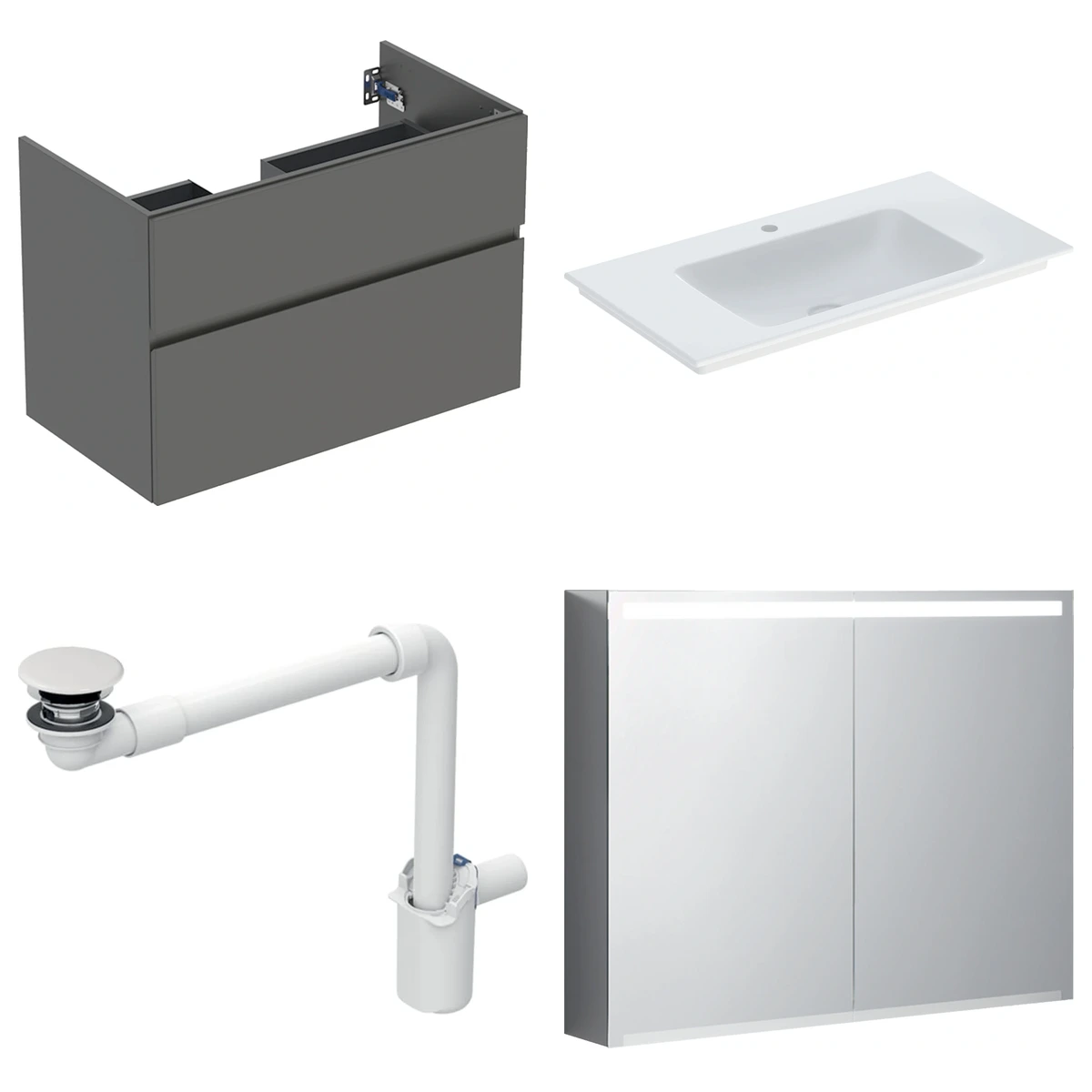 Geberit Aniara 90 cm Mat Antrasit Çift Çekmeceli Ayna Dolaplı Banyo Dolabı Seti 2