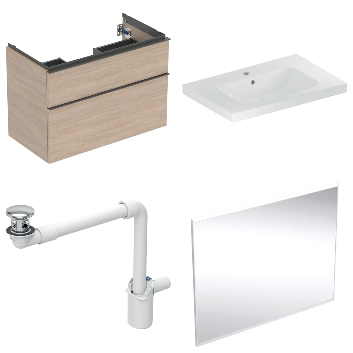 Geberit iCon 90 cm Meşe Çift Çekmeceli Aynalı Banyo Dolabı Seti 2