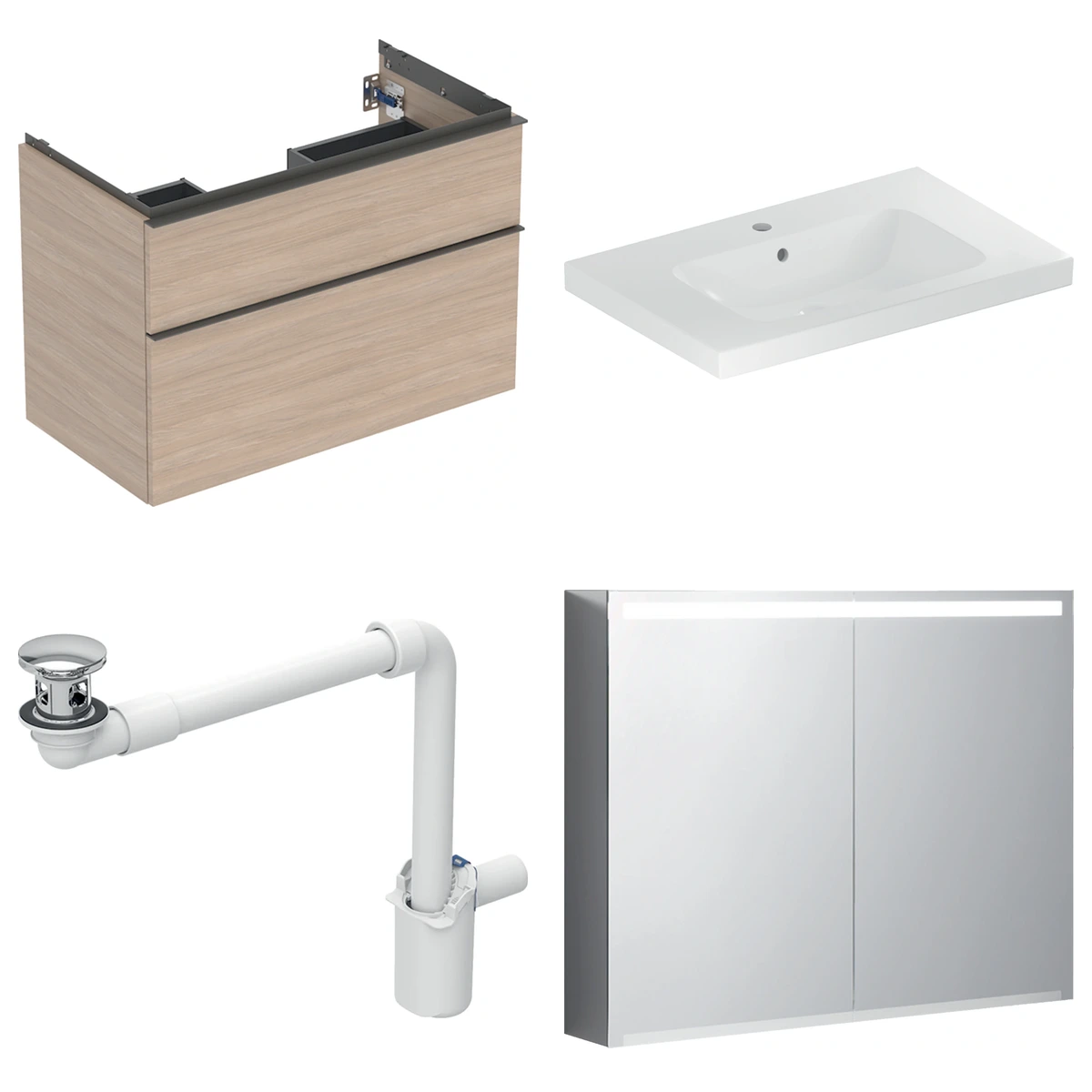 Geberit iCon 90 cm Meşe Çift Çekmeceli Ayna Dolaplı Banyo Dolabı Seti 2