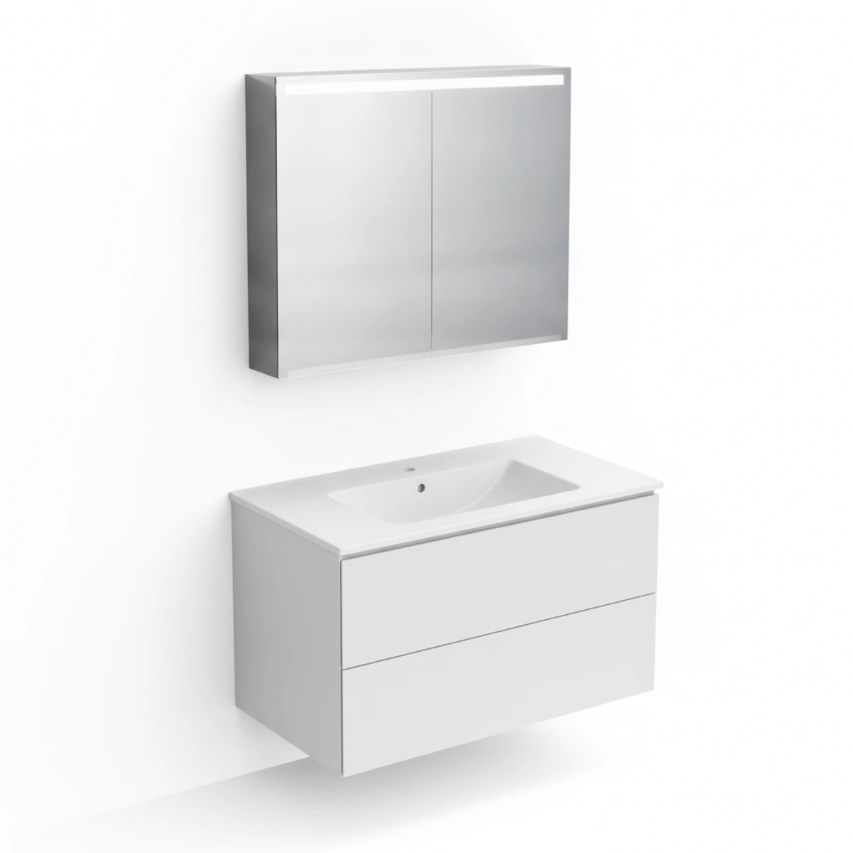 Geberit ONE 90 cm Parlak Beyaz Çift Çekmeceli Ayna Dolaplı Banyo Dolabı Seti