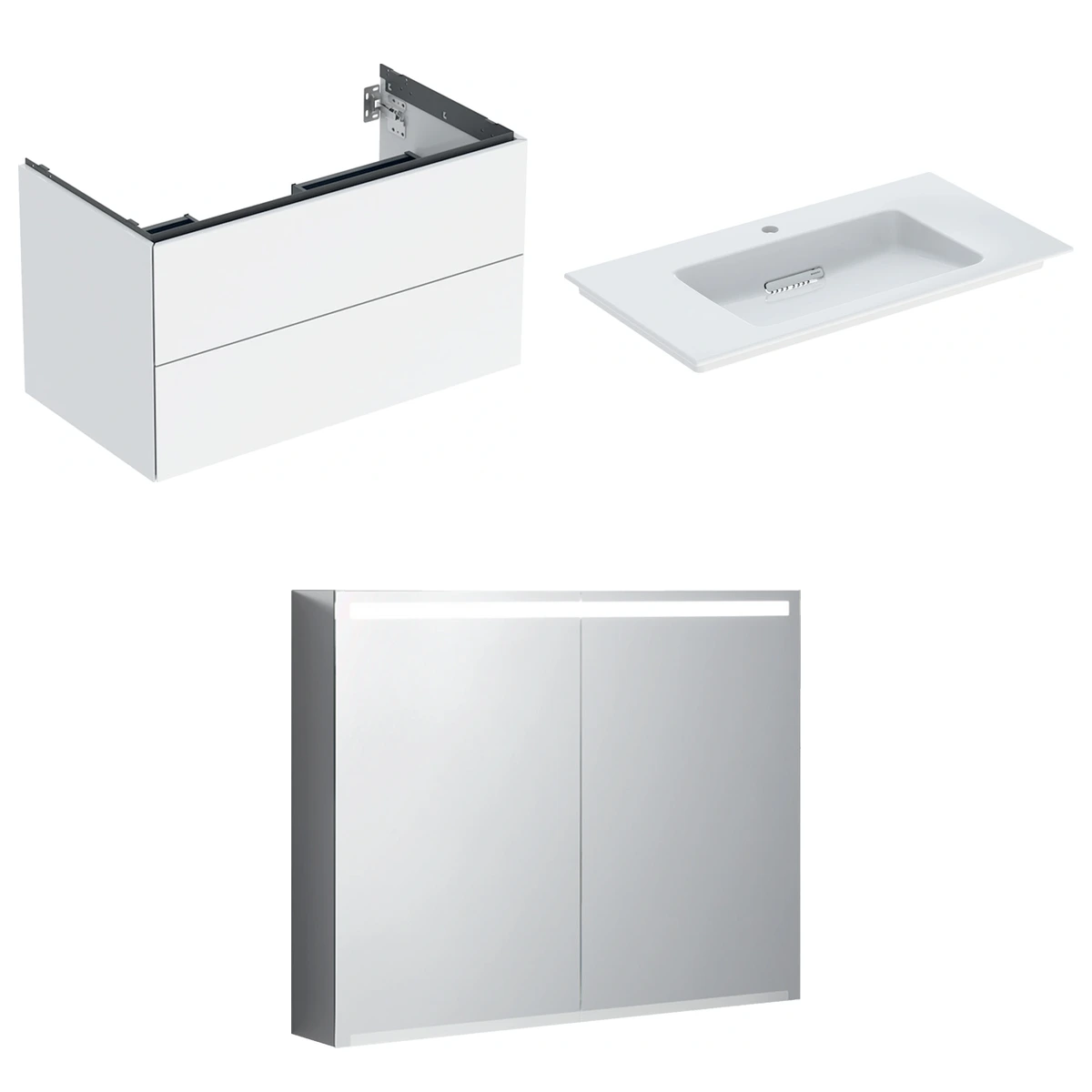 Geberit ONE 90 cm Parlak Beyaz Çift Çekmeceli Ayna Dolaplı Banyo Dolabı Seti 2