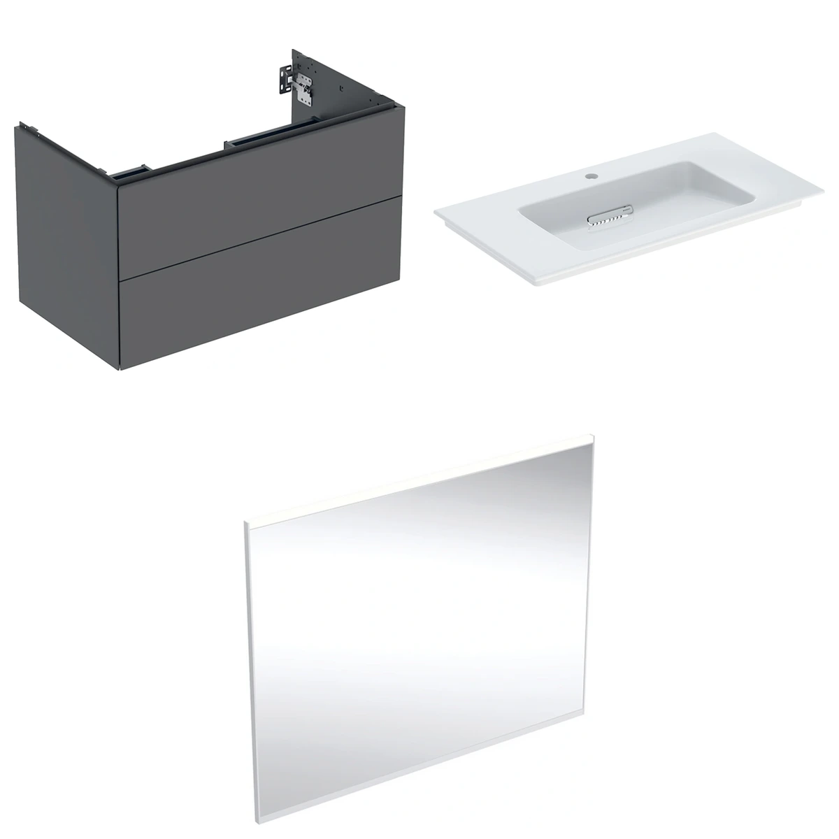 Geberit ONE 90 cm Mat Antrasit Çift Çekmeceli Aynalı Banyo Dolabı Seti 2