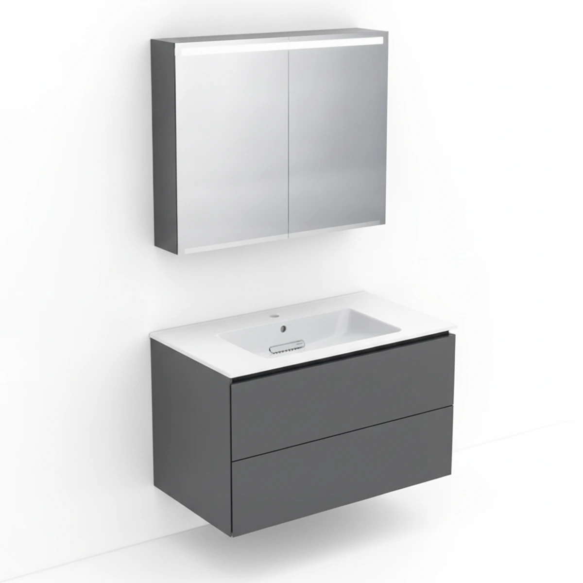 Geberit ONE 90 cm Mat Antrasit Çift Çekmeceli Ayna Dolaplı Banyo Dolabı Seti