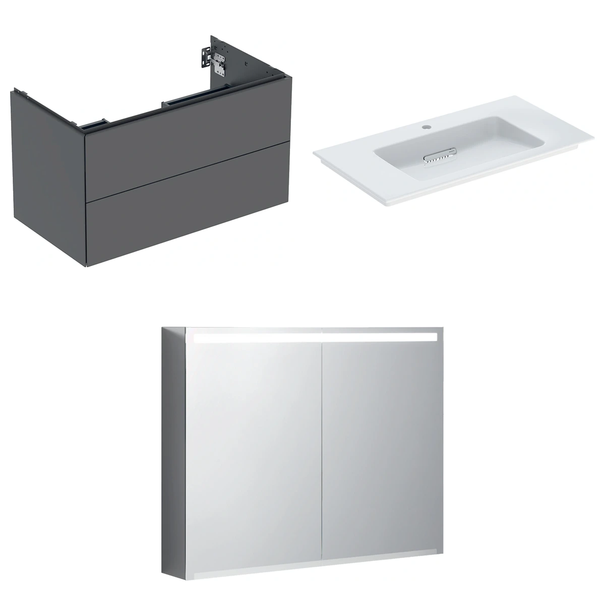 Geberit ONE 90 cm Mat Antrasit Çift Çekmeceli Ayna Dolaplı Banyo Dolabı Seti 2