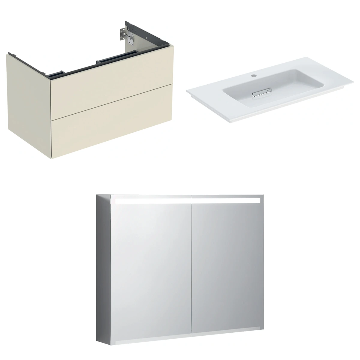 Geberit ONE 90 cm Kum Grisi Çift Çekmeceli Ayna Dolaplı Banyo Dolabı Seti 2
