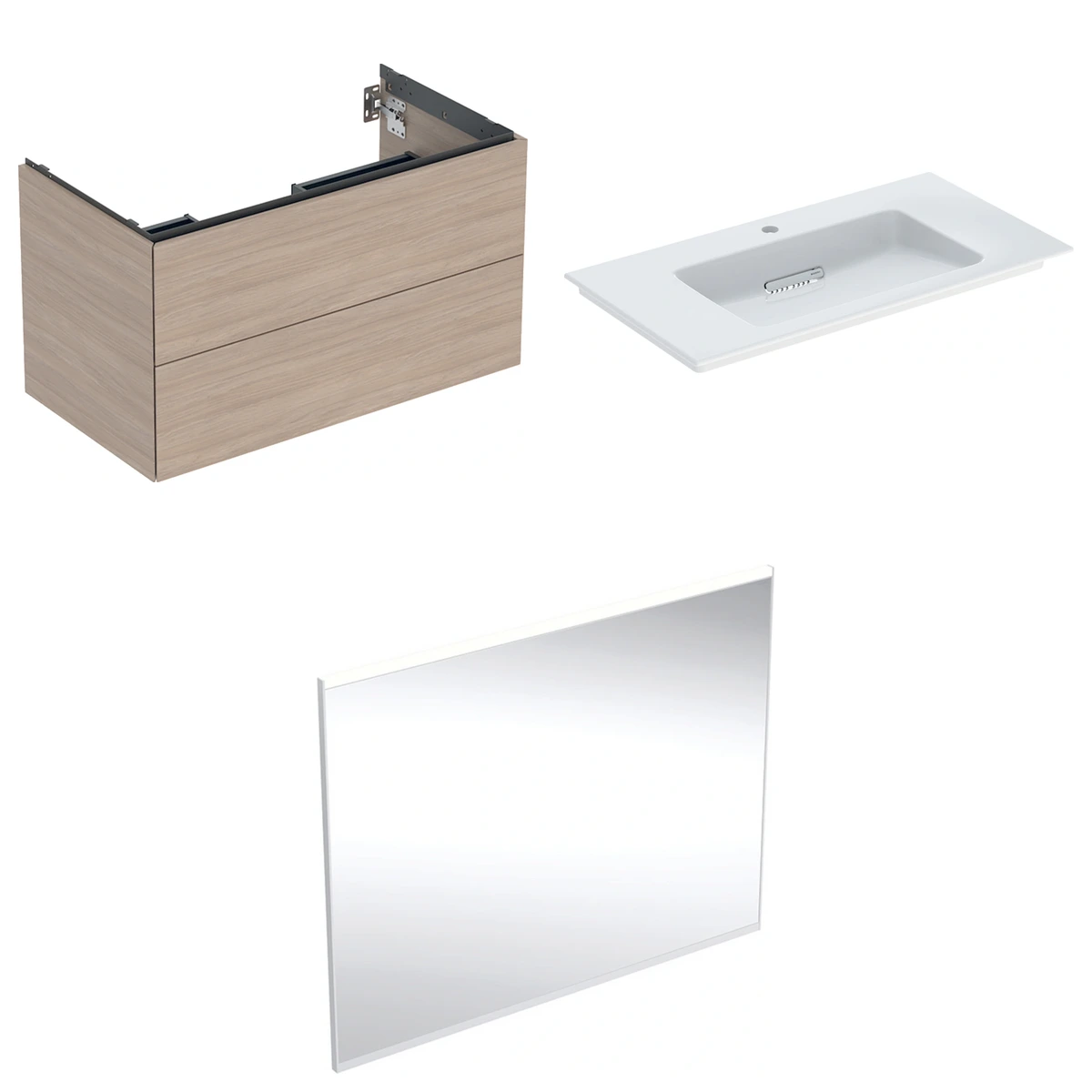 Geberit ONE 90 cm Meşe Çift Çekmeceli Aynalı Banyo Dolabı Seti 2