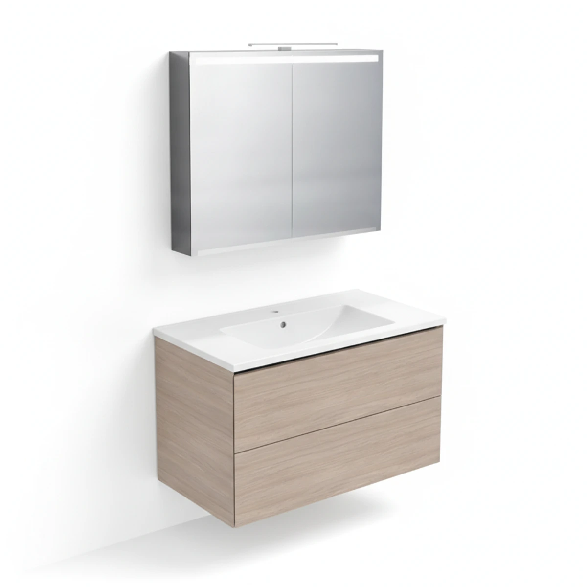 Geberit ONE 90 cm Meşe Çift Çekmeceli Ayna Dolaplı Banyo Dolabı Seti