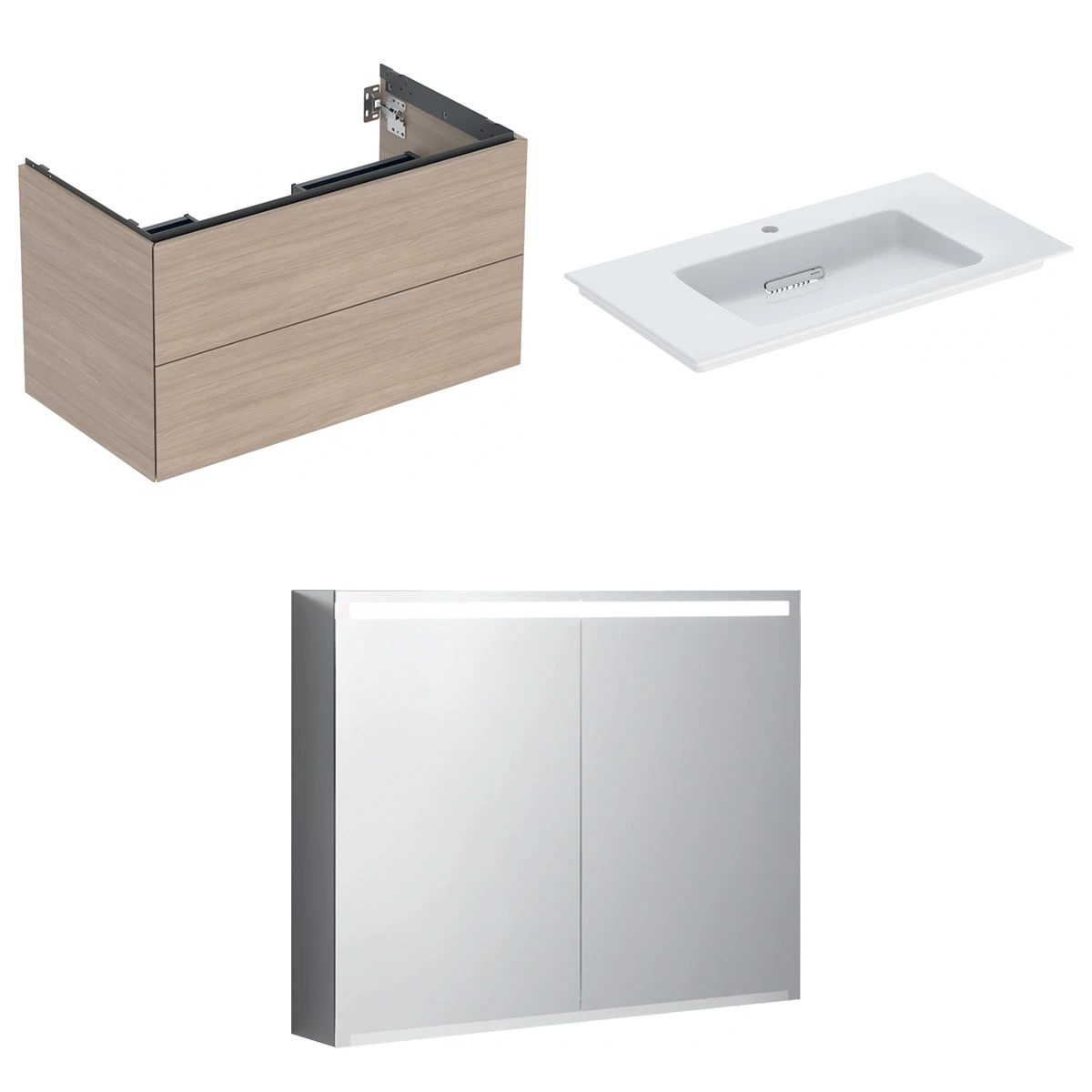 Geberit ONE 90 cm Meşe Çift Çekmeceli Ayna Dolaplı Banyo Dolabı Seti 2